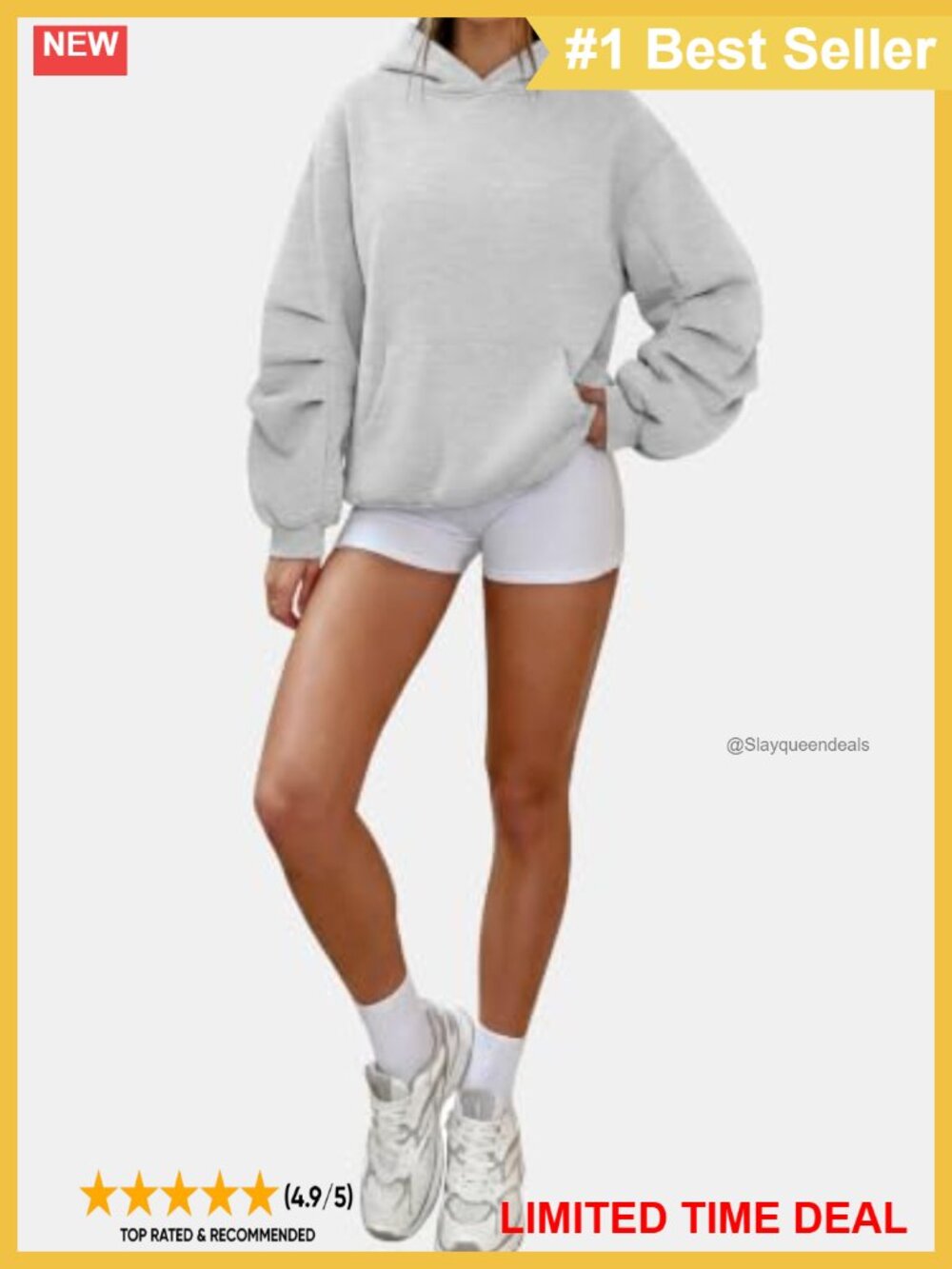 Oversized Fleece-Lined Hoodie Ruched Sleeve Kangaroo Pocket Pullover - Picture 5 of 6
